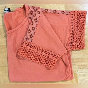 Karl Lagerfield Burnt Orange Top With Lace Detail Sleeve (Size M)